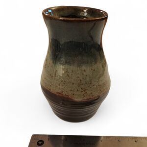 Signed Stoneware Pottery Vase Brown Tan Drip Glaze Handmade Artisan 6.5"